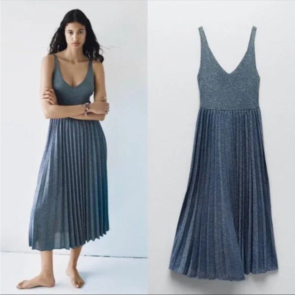 Zara Blue Limited Edition Knitwear Casual Pleated Midi Dress. Size S.